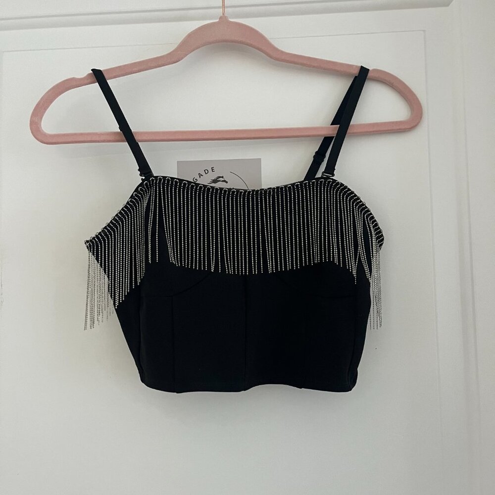 Black crop top with hanging silver bead chains, spaghetti straps